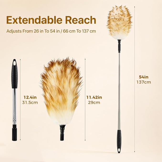 Lambswool Extendable Cleaning Duster 26-54 Inch, Stainless Steel Pole, Soft Non-Slip Handle, Washable & Reusable for High Ceiling Fans, Blinds, Furniture - Yellow & White