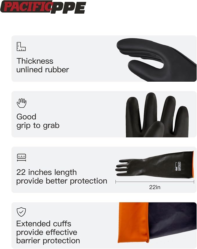 PACIFIC PPE 22 Inch Latex Chemical Resistant Gloves, Heavy Duty, Waterproof | Puncture resistant, acid, oil and alkali resistant, waterproof, reusable protection for industrial cleaning and gardening