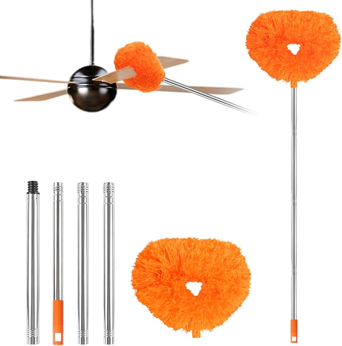 Ceiling Fan Cleaner Duster Reusable Microfiber Ceiling Fan Blade Cleaner Removable Duster with Extension Pole Adjusts 13 to 49.7 Inch for Cleaning Walls Bookshelves Furniture Door Window Top (Orange)