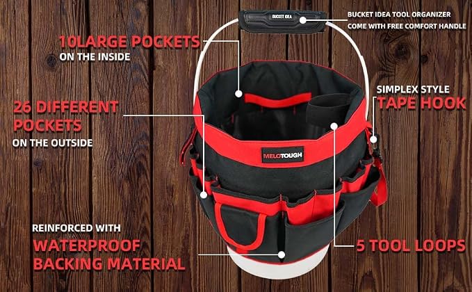 MELOTOUGH Bucket Caddy Organizer Bucket Tool Organizer for Garden Tools Fit 3.5 to 5 Gallon Bucket (Red)