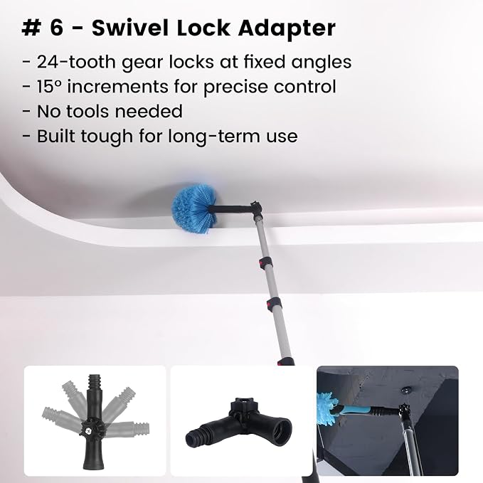 Ceiling Fan Duster Kit with 24 FT Telescoping Pole – 6-Piece Set – Screw-On Cobweb Duster & Squeegee Heads – Washable Bendable – 3/4" Universal Fit – House Cleaning Kit, Blue