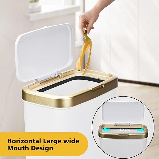 Bathroom Trash Can with Lid, 4 Gallon Modern Garbage Can with Removable Legs, Plastic Garbage Bin, Slim White and Gold Trashcans for Bedroom, Living Room, Office, Kitchen