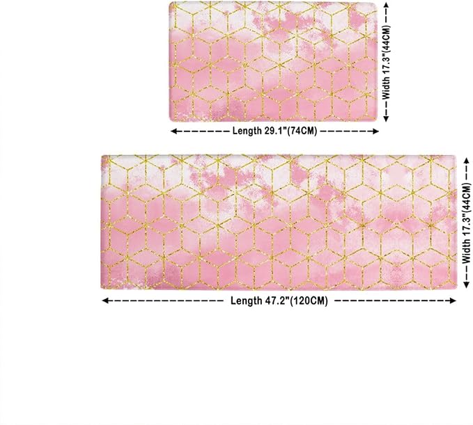 Feelyou Pink Marble 2pcs Kitchen Rug Ombre Kitchen Mat for Floor Geometric Waterproof Non-Slip Rugs for Office Laundry Room Decor Accessories