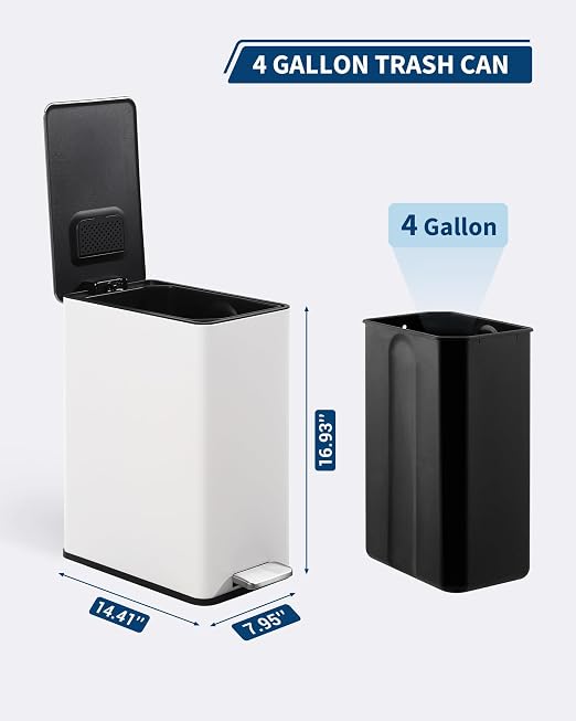 GarveeTech Slim Trash Can, 4 Gallon/15 L Kitchen Garbage Can with Soft Close Lid & Removable Inner Bucket, Small Narrow Recycling Bin for Bathroom, Living Room, Office, White | Small Narrow Recycling Bin with Removable Inner Bucket for Bathroom, Living...