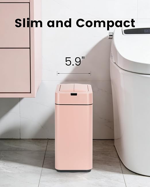 ELPHECO Slim Bathroom Trash Can with Lid 2.6 Gallon Smart Trash Can Pink | Motion Sensor Butterfly Lid Garbage Can Automatic Stainless Steel Wastebasket Bathroom Decor for Bedroom Office Toilet