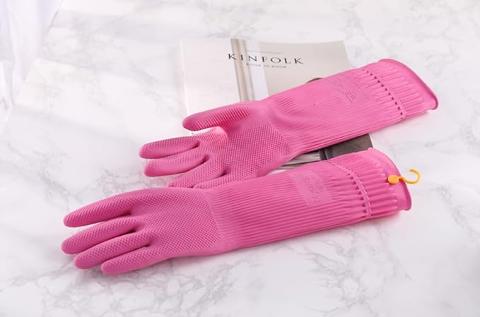 Myungjin Reusable Waterproof Non-Slip Dishwashing Household Cleaning Rubber Gloves with Hang-Dry Hook (4 Pairs/Large)