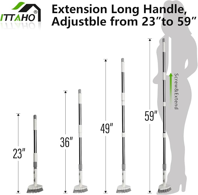 Tile Tub Scrubber Brush with 4 Cleaning Heads,59" Long Handle Stiff Bristles Scrub Brush with Extendable Pole, Rotatable Detachable Scrub Brush for Shower,Tile, Tub,Bathroom,Walls,Sink