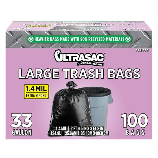 Ultrasac 33 Gallon Trash Bags - (Huge 100 Pack/w Ties) - 39" x 33" Heavy Duty Large Professional Quality Black Garbage Bags - Extra Strong Plastic Trashbags for Home, Kitchen, Lawn, and Other