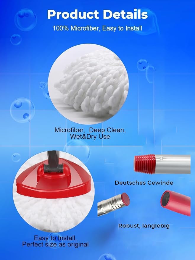 4 Pack Spin Mop Replacement Head Compatible with O-Cedar EasyWring 1 Tank, 30-58" Mop Handle Base and Microfiber Head Refills, Easy-to-Replace (White,1 Tank)