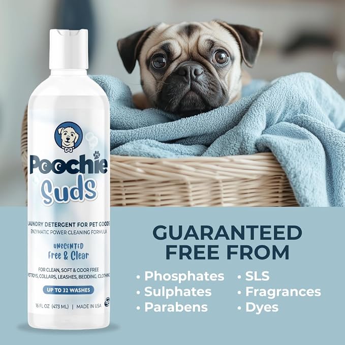 Poochie Suds Pet Laundry Detergent, Enzyme Cleaner and Odor Remover, Hypoallergenic and Fragrance-Free Pet Safe Detergent for Dog and Cat Bedding, Blankets, Toys and Gear, Made in USA, 32 fl oz