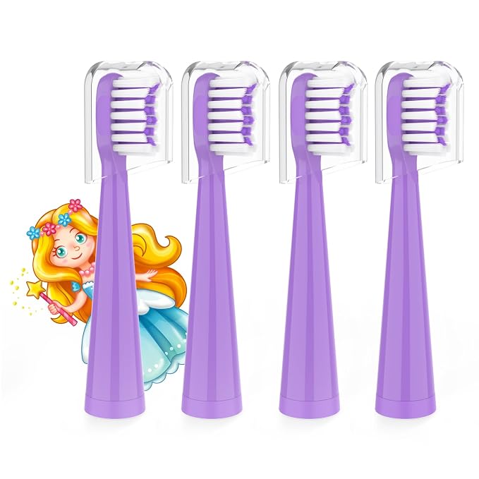 Vekkia Princess Electric Toothbrush Replacement Heads Purple (4 Pack) | 7X More Plaque Removal/End-Rounded 3D Curved Soft Bristles/Comfortable & Efficient Clean Teeth/Perfect for Kid Small Mouth,
