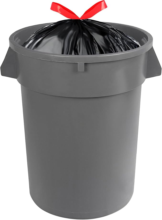 Amazon Basics 30 Gallon Multipurpose Drawstring Trash Bags, 20% Post Consumer Recycled, Black with Red Drawstring, 50 Count