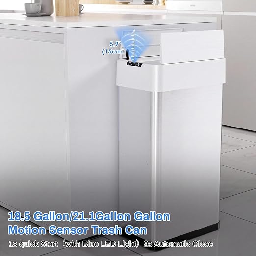 Automatic Trash Can,16 Gallon Touchless Motion Sensor Trash Bin | Smart Garbage Can with Soft-Close Lid, Bag Retainer Ring and Display Light,for Kitchen,Living Room Office (Silver, 60L)