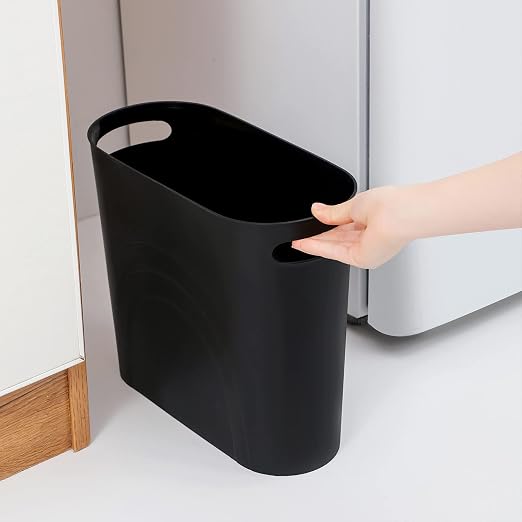 rejomiik Small Trash Can, 3.5 Gallon Slim Garbage Can Plastic Waste Basket with Handles Container Bin for Narrow Spaces Bathroom, Bedroom, Kitchen, Office at Home, Black | Plastic Waste Basket with Handles for Bathroom, Bedroom, Dorm, Kitchen, Office a...