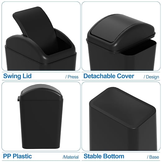 Farmoon 16 L/4 Gallon Slim Plastic Trash Can, Swing Lid Garbage Bin, Black