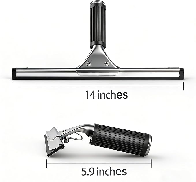 14-Inch Shower Squeegee for Glass Doors, Windows and Mirrors, Stainless Steel Bathroom Water Wiper with Flexible Blade and Ergonomic Handle