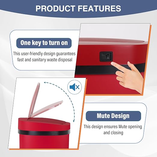 PayLessHere | 13 Gallon Stainless Steel Trash Can | Red | Automatic Touchless Lid with Motion Sensor | Kitchen Garbage Can with Waterproof Design | for Home, Office, Bathroom | Pack of 1
