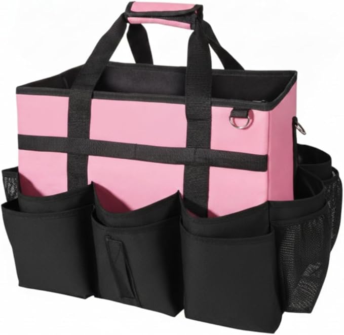 Cleaning Supplies Organizer with Wheels Portable Cleaning Bag with Trolley Heavy-Duty Wheeled Organizer Bag for Housekeeping, Pink, 40.6 32 33CM