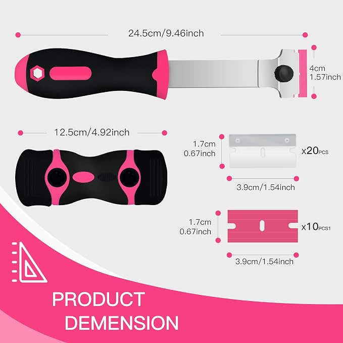 Razor Blade Scraper, 2 PCS Razor Scraper Tool for Removing Label, Registration Sticker, Tint, Grease from Windshield, Appliance, Glass（Pink）