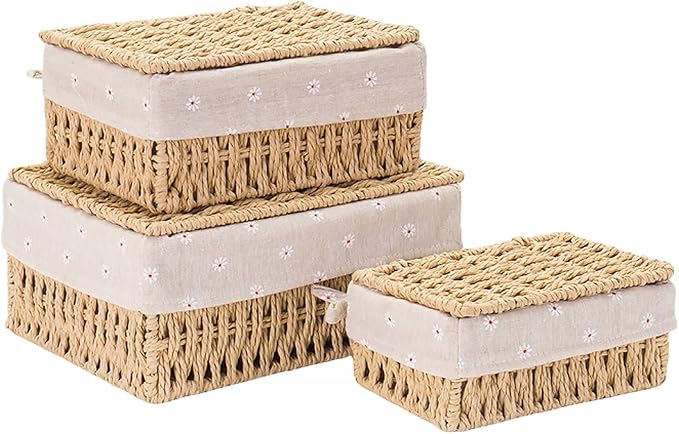 GIB Small Wicker Storage Baskets with Lid/Liner Woven Cute Decorative Boxes | Boho Paper Rope Baskets for Shelves Table Desktop Organizing, Bathrooom Makeup Organizer Storage Bins Container, Set of 3