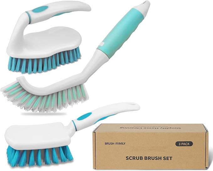3 Pack Scrub Brush Set, Heavy-Duty Scrub Brushes for Cleaning Bathroom | Stiff Bristles Grout Scrubbing Brush with Handle, Cleaning Brushes for Shower, Bathtub, Kitchen, Floor, Tub, Tile, Sink