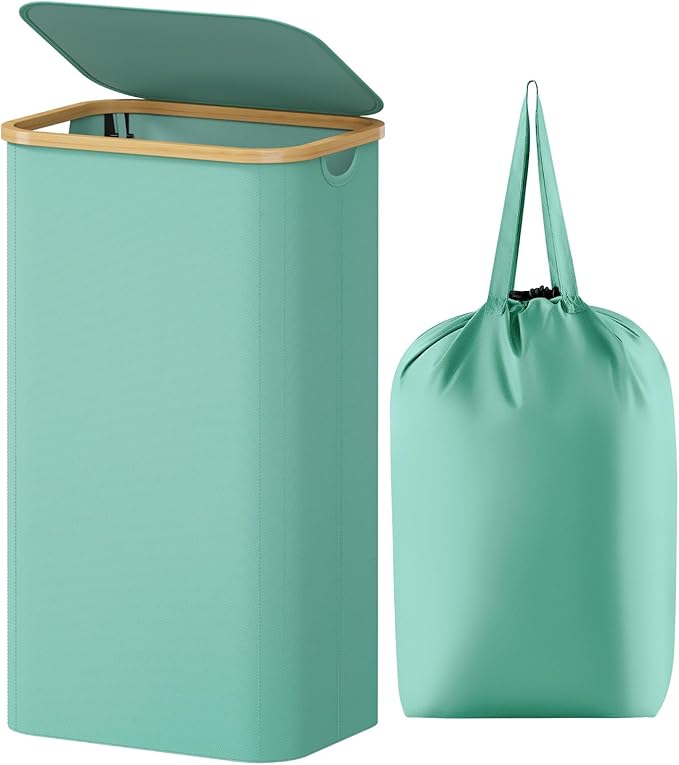 Lifewit 105L Laundry Basket with Lid, Clothes Hampers for Laundry with Bamboo Handles and 1 Removable Bag, Large Foldable Laundry Hamper for Bedroom, Bathroom, Dorm, Laundry Room, Sage Green