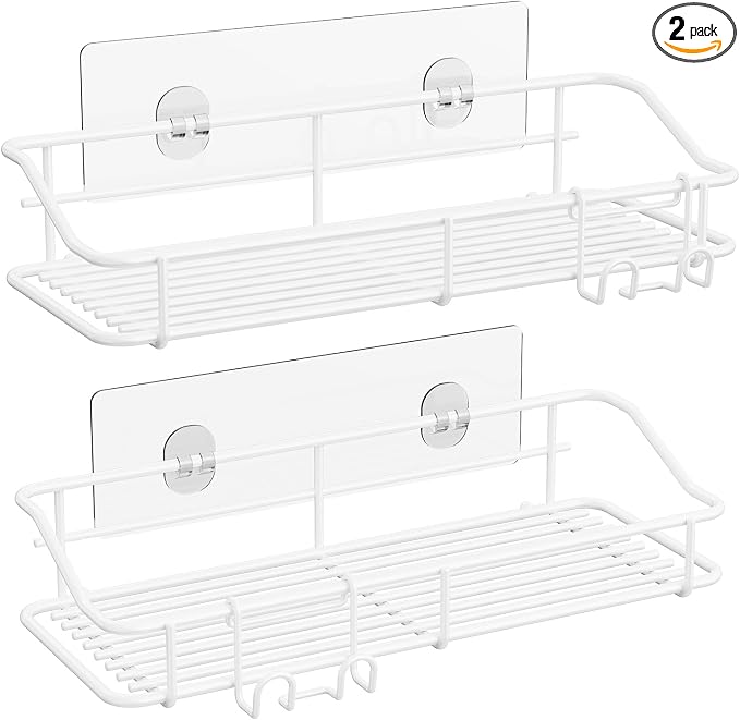 Nieifi Shower Caddy Adhesive, Shower Shelves, Shampoo Holder for Bathroom | Stainless steel, 2 pack, shower rack, shower organization, with hooks, rustproof, no drilling, razor holder, white