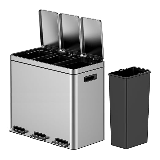 TrailBlaze Trash Can with Lids, 60L/16 Gal 3 Compartments Pedal Stainless Steel Kitchen Recyclingtrash Bin with Odor Seal， Removable Buckets, for Office Home Kitchen Garbage Can Trash Bin