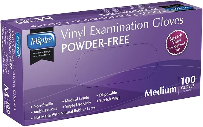 Inspire Medical Exam Gloves | Powder Free Stretch Vinyl Gloves | Disposable Gloves Disposable Latex Free Gloves | Cooking Gloves Disposable Food Safe Food Prep Gloves Plastic Gloves Disposable