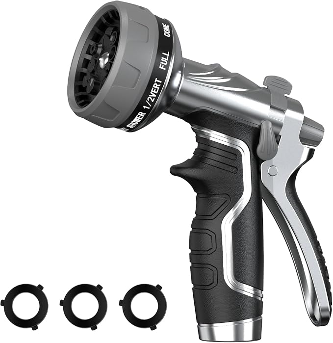 Garden Hose Nozzle, Heavy Duty Metal Water Hose Nozzle with 8 Adjustable Spray Patterns, High Pressure Hand Sprayer with Flow Control for for Garden Watering, Car & Pet Washing