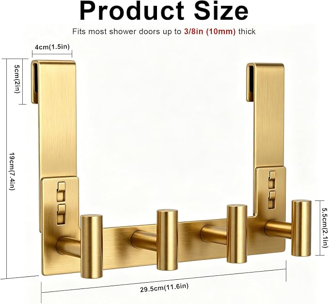 PMMASTO No-Drill Extra Long Shower Hooks, Fits 3/8" Thick Door, Heavy Duty Stainless Steel Towel Hooks for Frameless Glass Shower Door, Holds Bathrobe Towel (Gold, 4 T-Hooks)