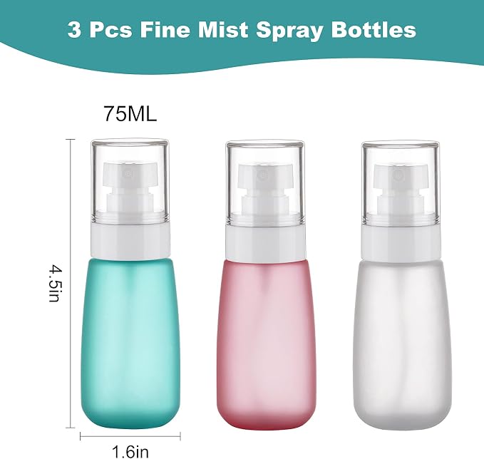 Fine Mist Travel Spray Bottles, 3-Pack，2.5oz/75ml | Twist Caps, Seal Rings, Textured Grip, Refillable, TSA-Compliant