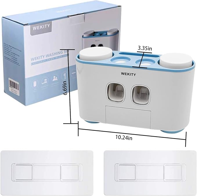 Toothbrush Holder Wall Mounted, WEKITY Multi-Functional Toothbrush and Toothpaste Dispenser for Bathroom, with 5 Toothbrush Slots, 2 Toothpaste Squeezers and 4 Cups(Blue)