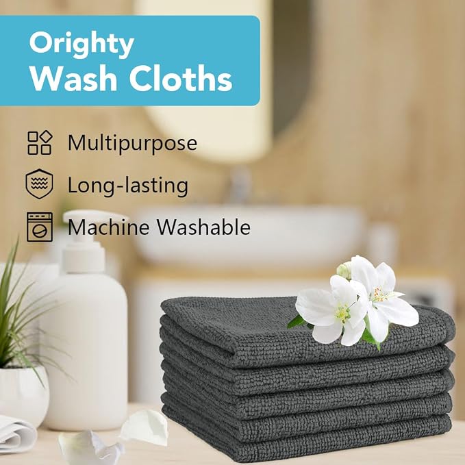 Orighty Washcloths Bulk, 200 Pack Microfiber Face Towels, 12x12 Inch Grey | Highly Absorbent & Soft Feel, Multi-Purpose Wash Cloths & Hand Towels for Bathroom, Hotel, Spa, and Gym