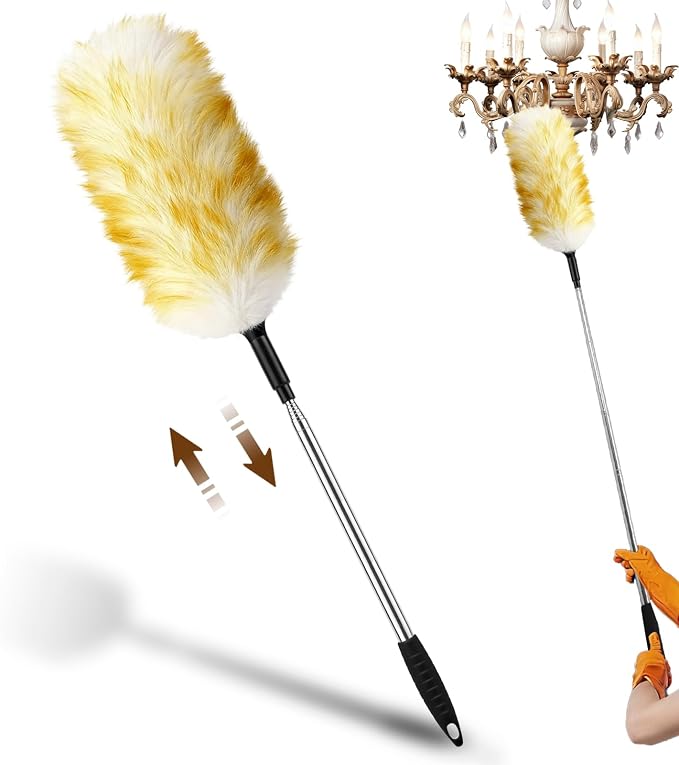 Extendable Wool Duster, 18-48 Inch Long Handle Duster with Natural Fluffy Wool Head, Dusters for Cleaning Ceiling Fans, Blinds, High Ceilings, Furniture, Washable & Reusable