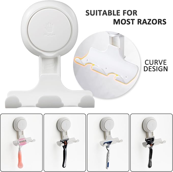 LEVERLOC Razor Holder for Shower 2 Pack, Powerful Suction Cup Hooks, White | No Drill, Powerful Suction Up to 11 lbs, Shower Hook for Bathroom Wall Glass Tile, Removable Holder for Razor Towel Loofah