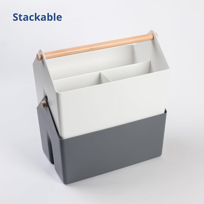 BLUE GINKGO Medium Storage Basket – Plastic Caddy with Wooden Handle for Office, Arts & Crafts, or Home Supplies (White) (Pack of 3)