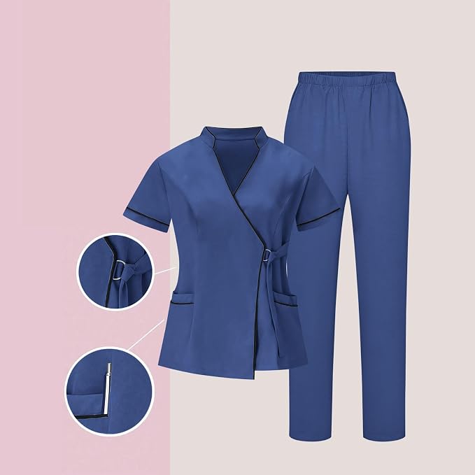 Housekeeping Uniforms for Women Hotel Cleaning Nurse Scrub Sets Stretch Wrap V-Neck Short Sleeve Top and Pants
