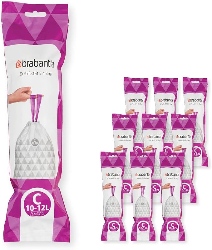 Brabantia PerfectFit Trash Bags (Size C/2.6-3.2 Gal) Thick Plastic Trash Can Liners with Drawstring Handles (200 Bags)