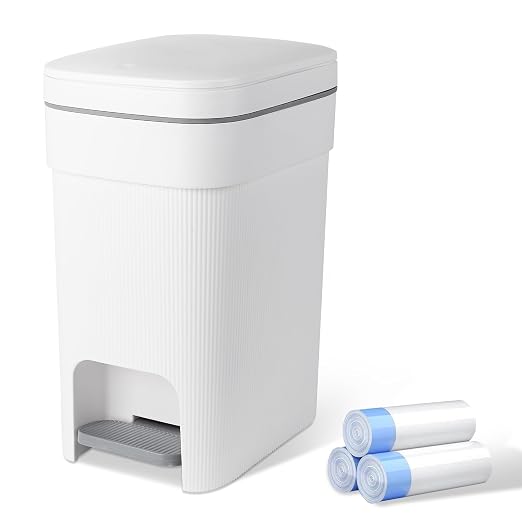 Small Bathroom Trash Can with Lid Slim Step Garbage Can 2.6 Gallon White | Stylish Decor Soft Close Trash Bin Plastic Wastebasket with Trash Bags for Kitchen Bedroom Office Living Room Toilet College