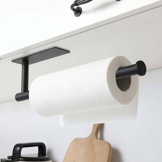 theaoo Under Cabinet Paper Towel Holder for Kitchen, Adhesive, Black | Wall Mounted Paper Towel Roll Rack for Bathroom or Kitchen, SUS304 Stainless Steel, Self-Adhesive or Screw Installation
