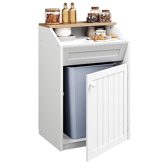 Trash Cabinet, Freestanding Trash Can Cabinet, Wooden Recycling with Flip Door, 13 Gallon Hidden Kitchen Garbage Can for Kitchen, Living Room, White WB13WT