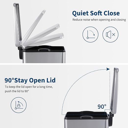 Slim Narrow Kitchen Trash Can with Lid, 10L Stainless Steel Step Pedal Garbage Can, Soft Close & Stay Open Lid Design, Space Saving Trash Bin with Removable Inner Bucket for Kitchen, Bathroom,Sliver