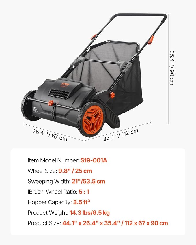 VEVOR Push Lawn Sweeper 21" Leaf & Grass Collector 3.5 cu. ft. Hopper Bag | Adjustable Brush Height & 2 Spinning Brushes, Manual Yard Sweeper for Leaves, Grass Clippings and Lawn Debris