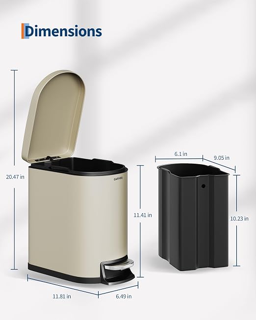Garvee 1.6 gal / 6 L Metal Bathroom Trash Can with Lid, Slim Waterproof Garbage Can for Bedroom, Small Step-on Trash Bin with Inner Bucket, Rear Handle, Soft Close Lid, Sand Beige