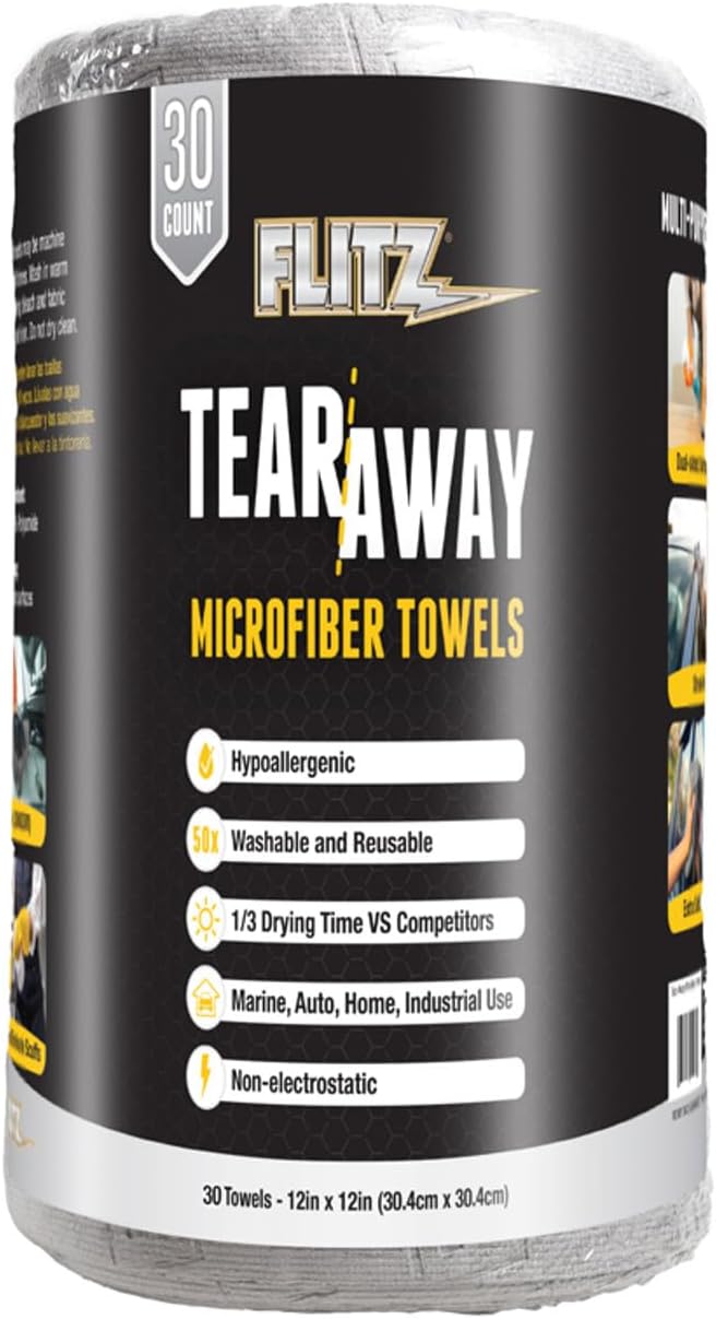 FLITZ Tear Away Microfiber Towel Roll (30 Sheets) - 12" x 12" Cloth Paper Towels - Reusable & Washable Ultra Absorbent Cleaning Cloth Roll for Cars, Kitchens, Appliances - Grey (1 Pack)