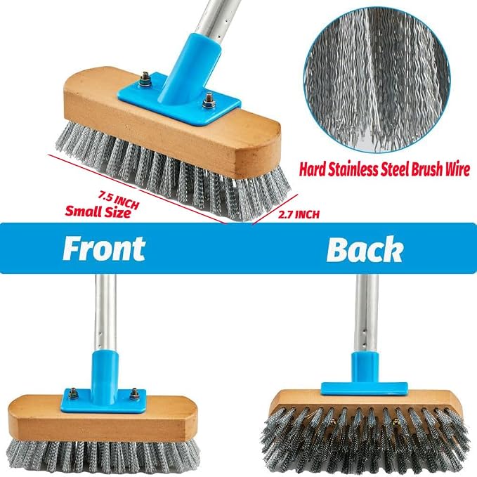 YONILL Stainless Steel Deck Scrub Brush with 60" Long Handle for Concrete | Heavy Duty Floor Scrubber Brush, Moss Remover Wire Cleaning Brushes for Rough Surface, Concrete Floor, Patio, Garden, Garage