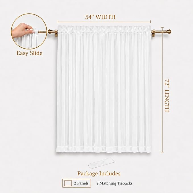 Aquazolax Pure White Sheer Window Treatments for French Door, Rod Pocket Light Filtering Curtain Panel Set of 2 for Privacy/Room Divider - W54 x L72