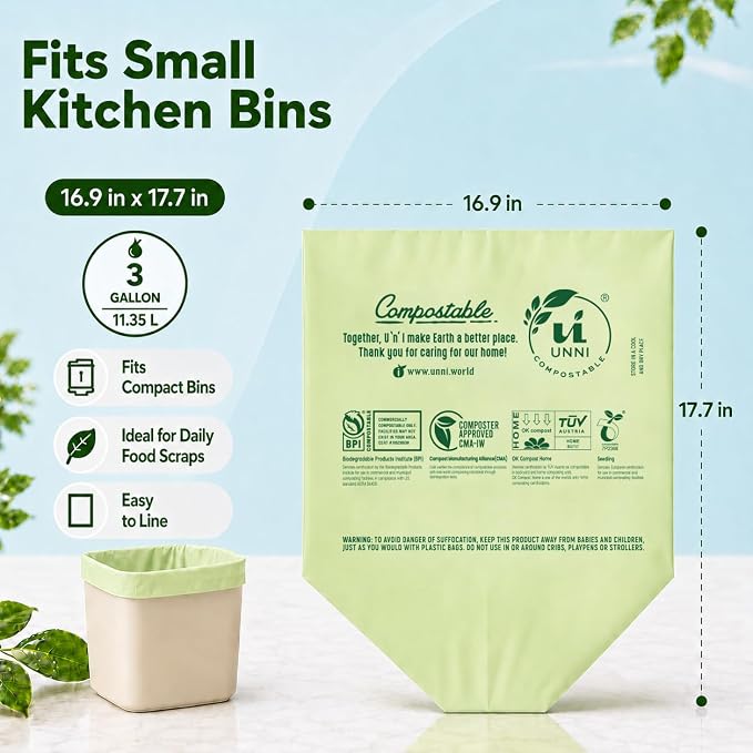 UNNI 3 Gallon Compost Bags for Countertop Bin, 600 CT, Extra Thick 0.71 Mil | Compostable Bags for Kitchen Food Scraps, Small Bin Liners, 6 Packs of 100, Certified by BPI, CMA & OK compost HOME