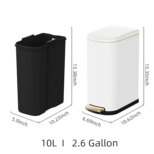 KSSKSS 2.6 Gallon Slim Bathroom Trash Can with Soft Close Lid, 10L Stainless Steel Garbage Can with Removable Liner Bucket, for Narrow Spaces, Bathroom, Bedroom (White)